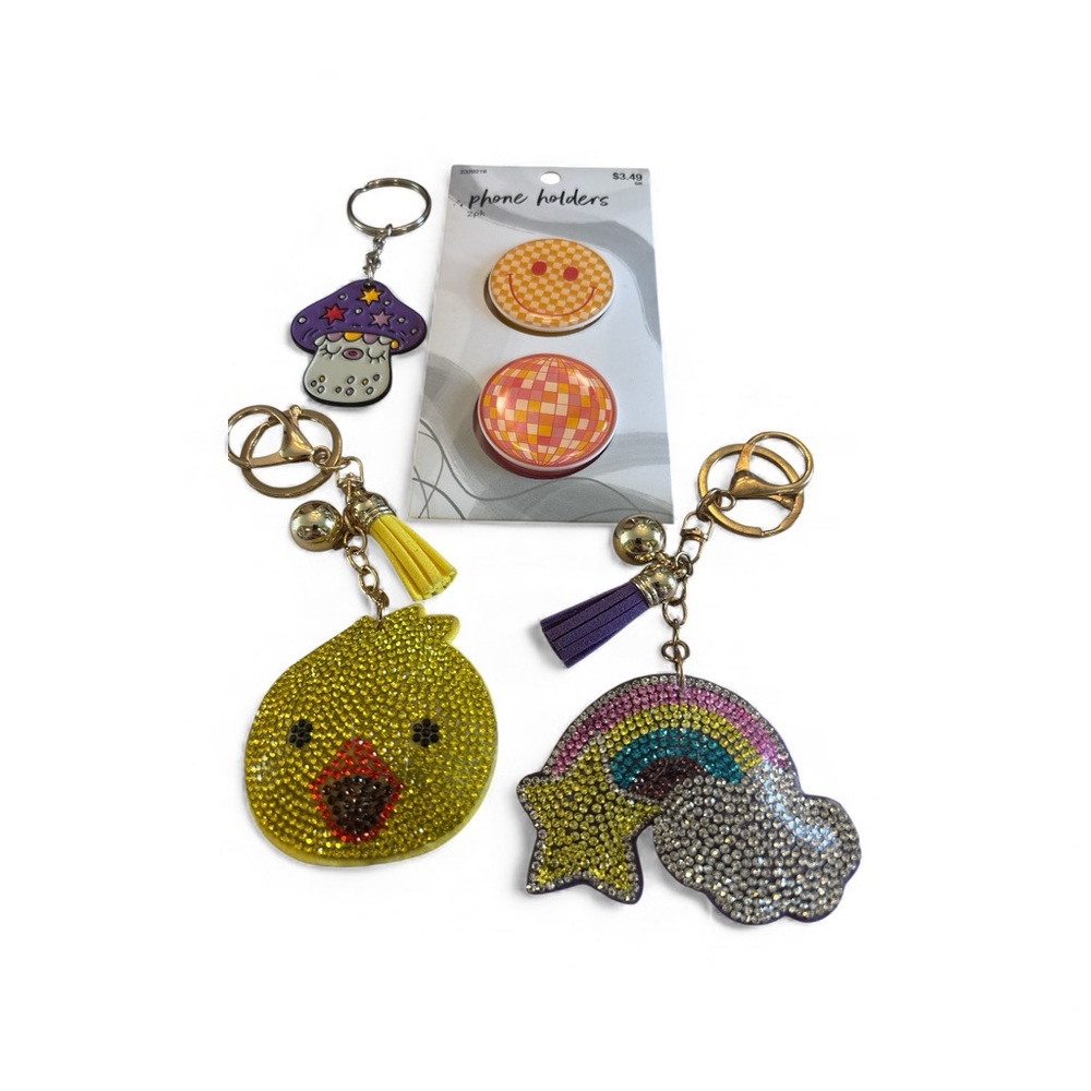 Whimsical key purse bag chain lot and phone holder rainbow chick mushroom disco
